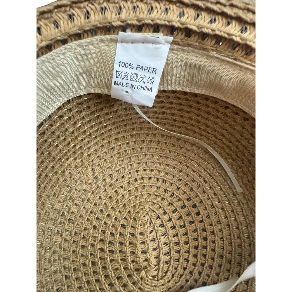 Woven Paper Straw Sun Hat with Large Olive Green Back Bow and Chin Strap